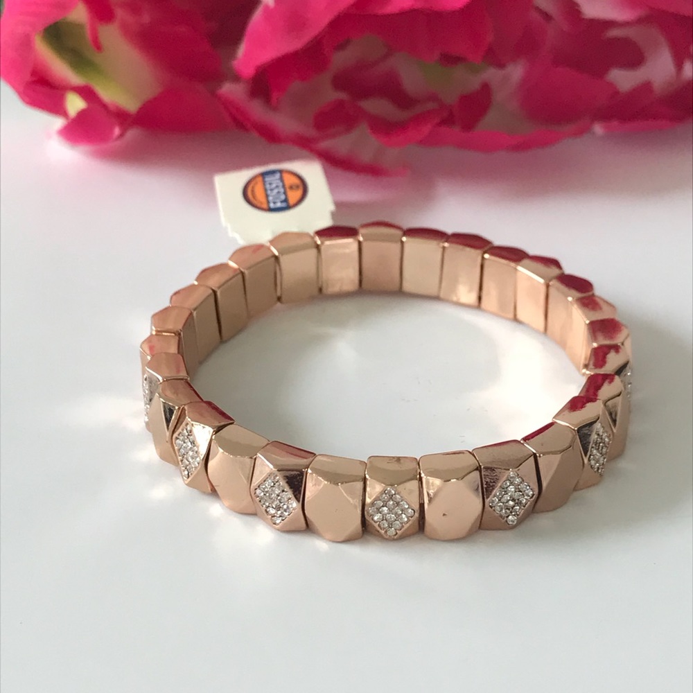 Nwt Fossil Rose Gold Tone Pave Stretch Bracelet 7"